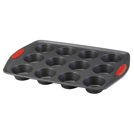 RACHAEL RAY Rachael Ray 47956 Yum-o Nonstick Bakeware 12-Cup Oven Lovin Muffin & Cupcake Pan; Gray with Red Handles 47956